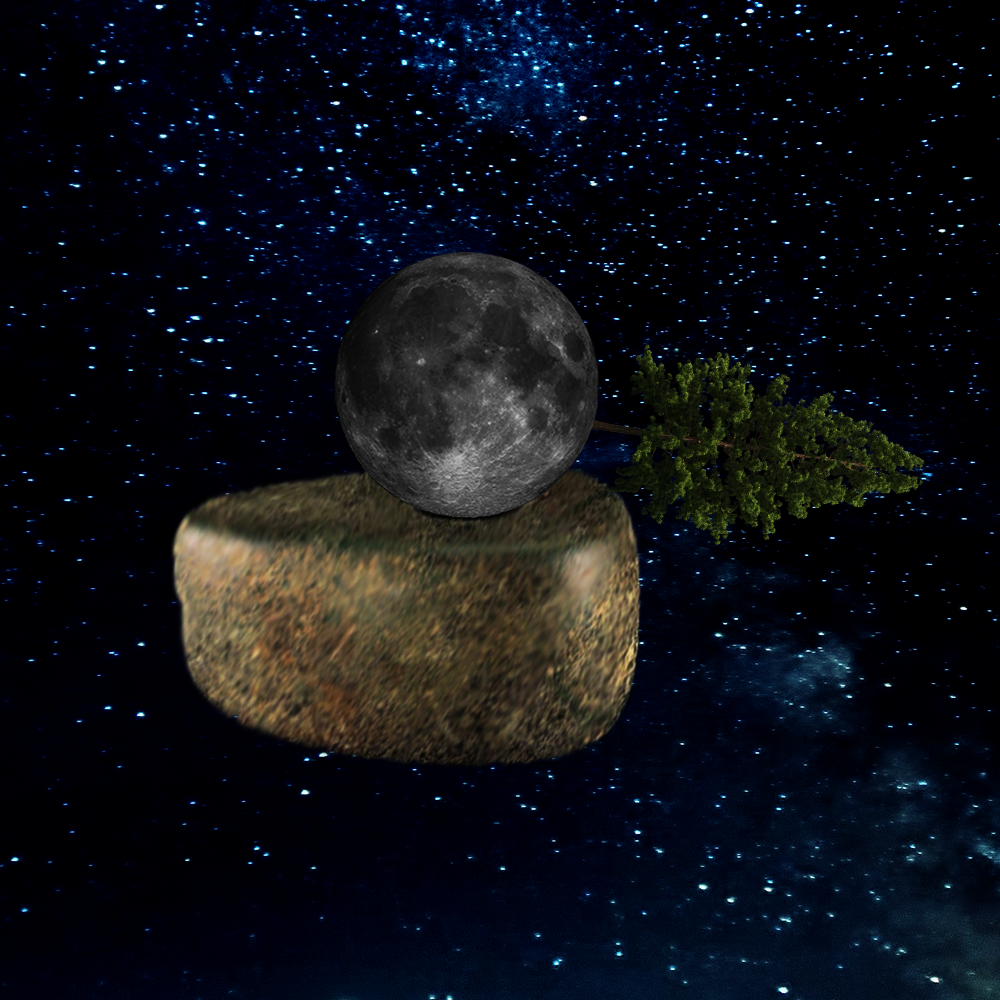 A Duck made by putting a pine tree on the moon and the moon on a grindstone